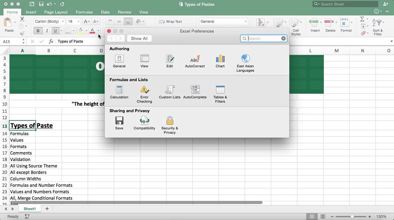 where is options in excel for mac